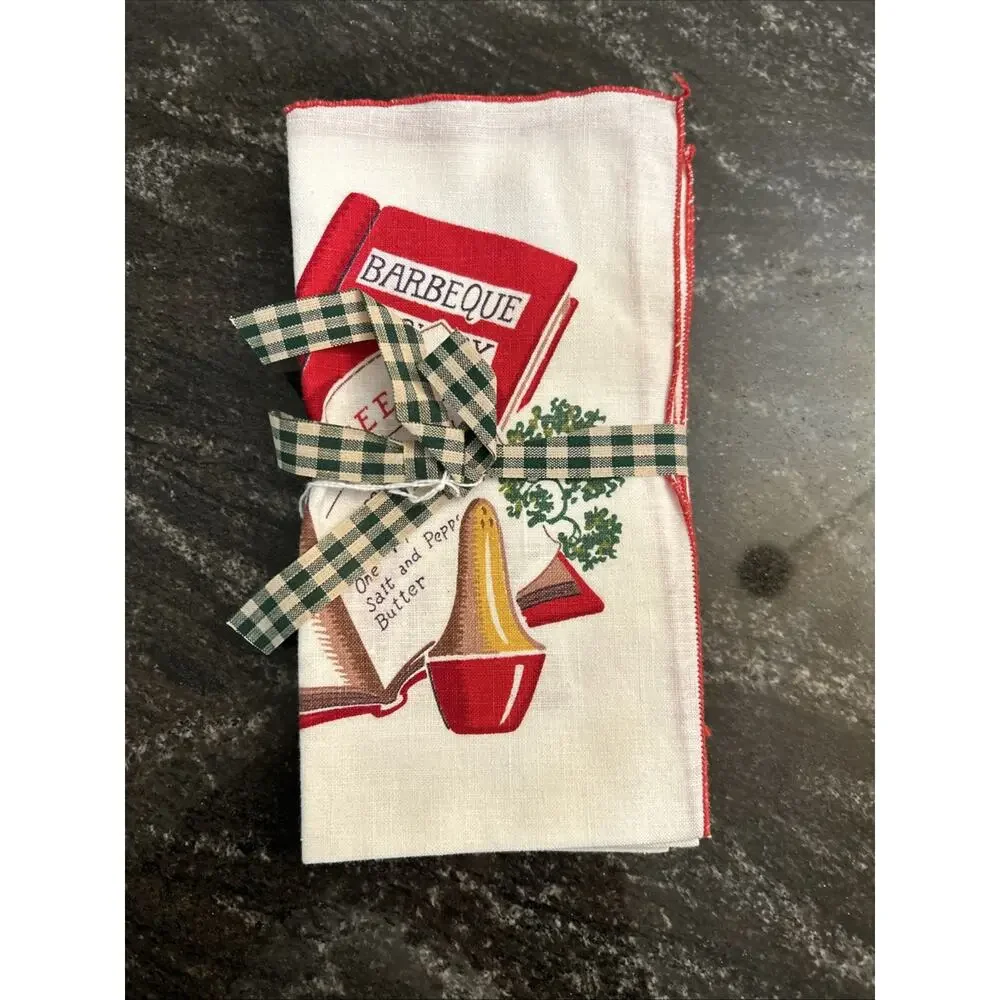 Lot of 4 Vintage MCM Napkins Lobster Beef Steak BBQ Picnic Picnic *FLAW*